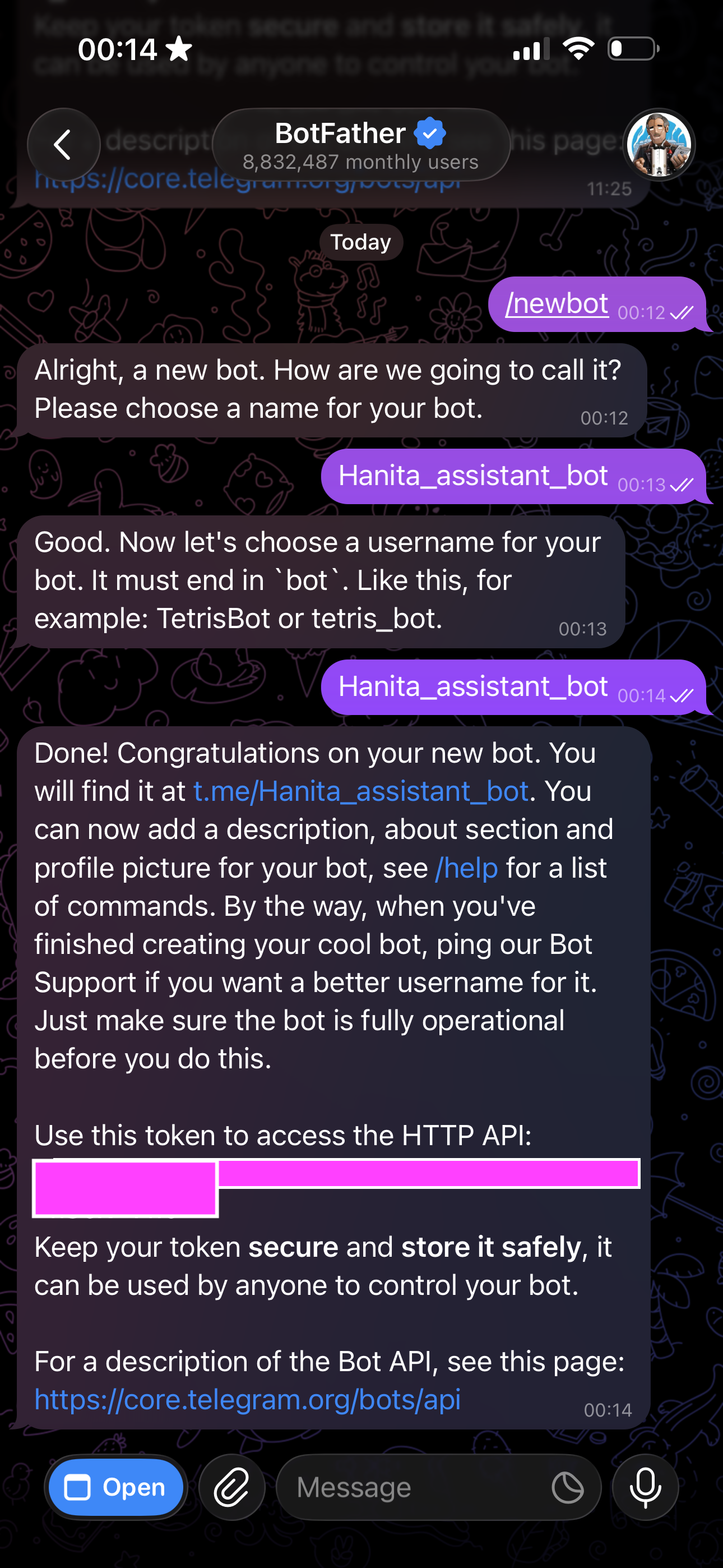 שיחה עם BotFather: הפקודה newbot, שם הבוט, והטוקן