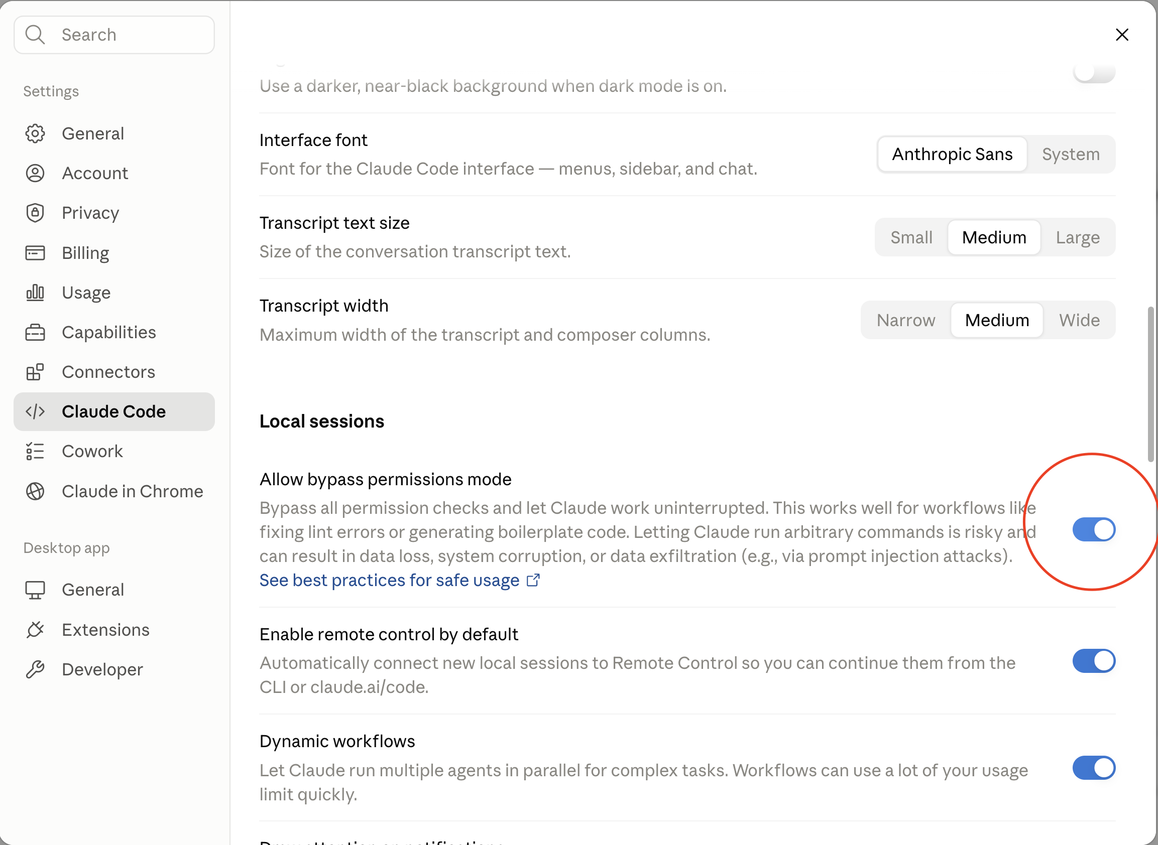 מתג Allow bypass permissions mode בהגדרות Claude Code