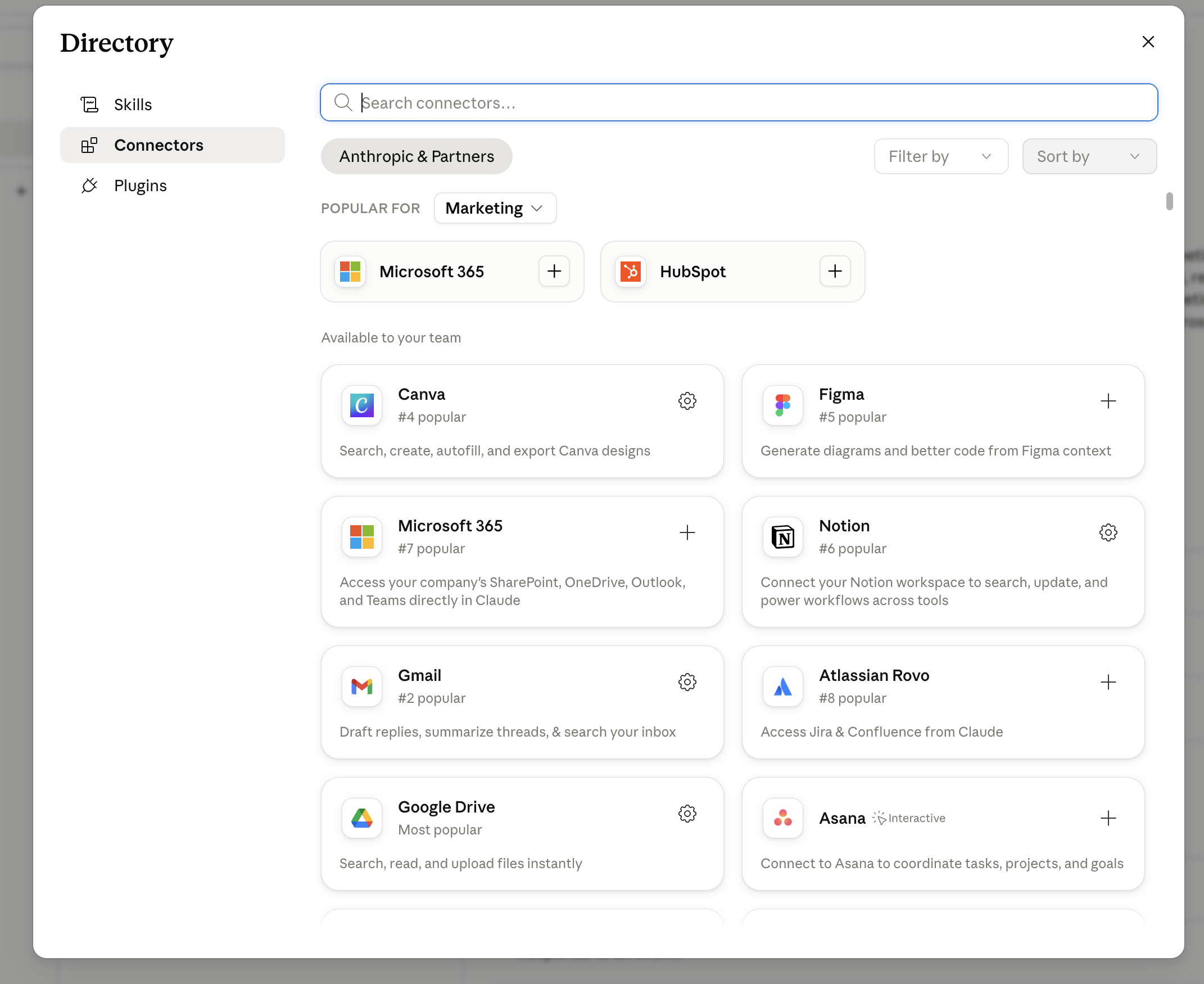 ספריית הקונקטורים (Browse connectors) עם Notion, Gmail, Google Drive ועוד