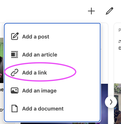 תפריט Featured עם האפשרות Add a link