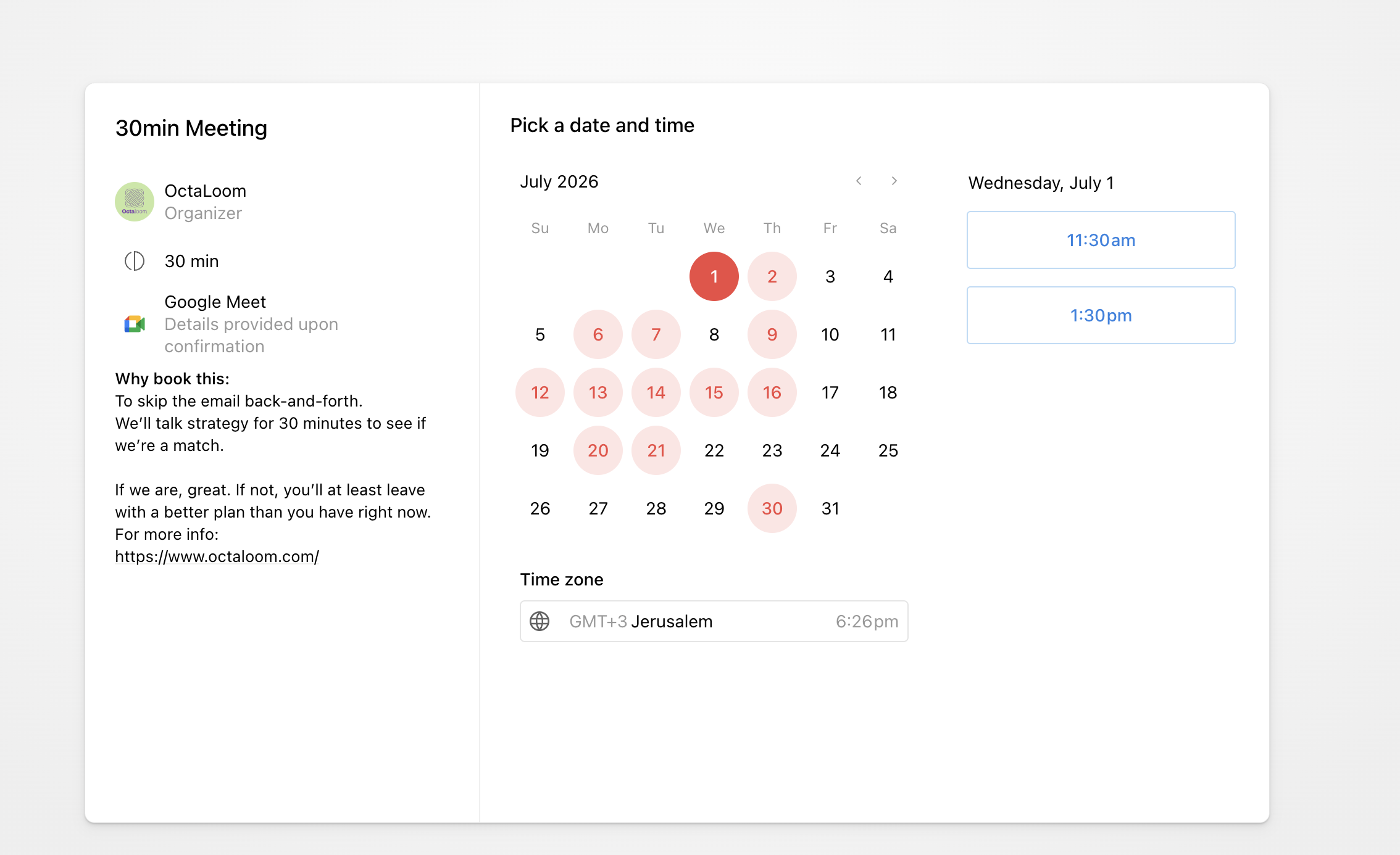 דף ההזמנה של Notion Calendar: בחירת תאריך ושעה